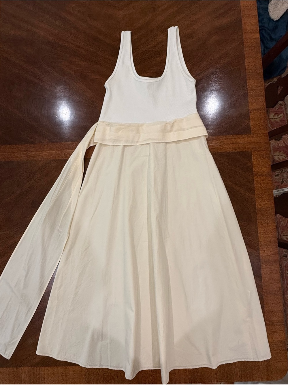 ZARA Cream & White Midi Tank Dress with Attached Sash, L